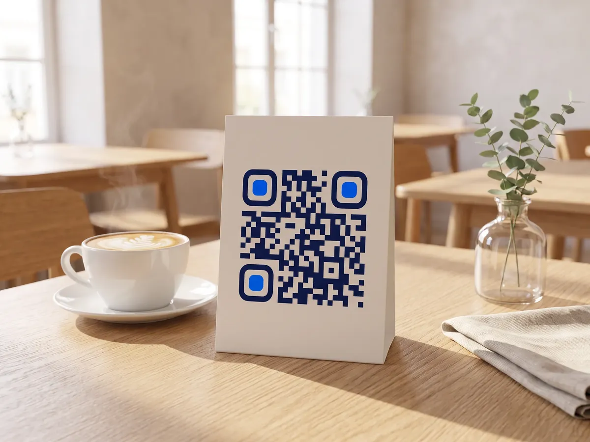 Table tent with a QR code for the menu on a wooden café table next to a cup of coffee