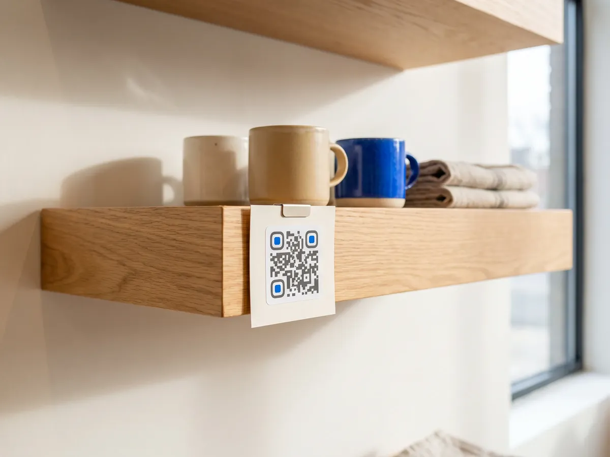 Shelf tag with a QR code below handmade mugs in a shop